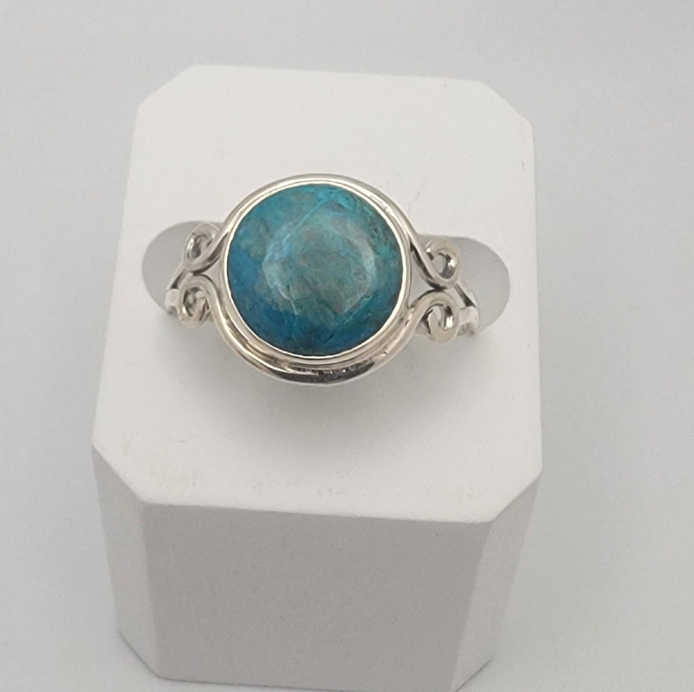 925 Sterling Silver Handcrafted Blue Shattuckite Gemstone Ring Size 10 - Picture 2 of 4